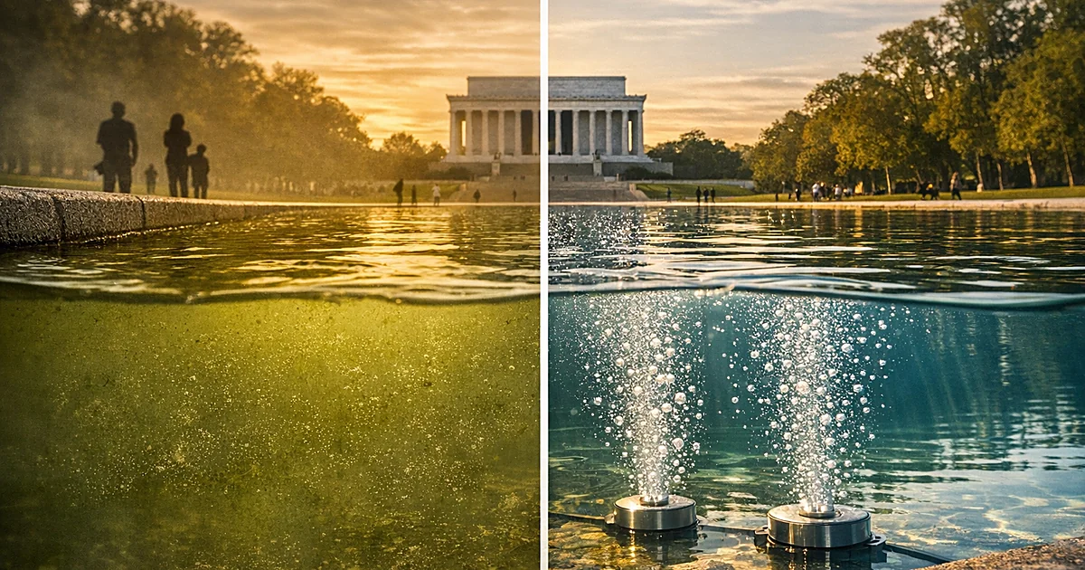 Split view of reflecting pool showing green algae-filled water on left and clear water with bubble technology on right