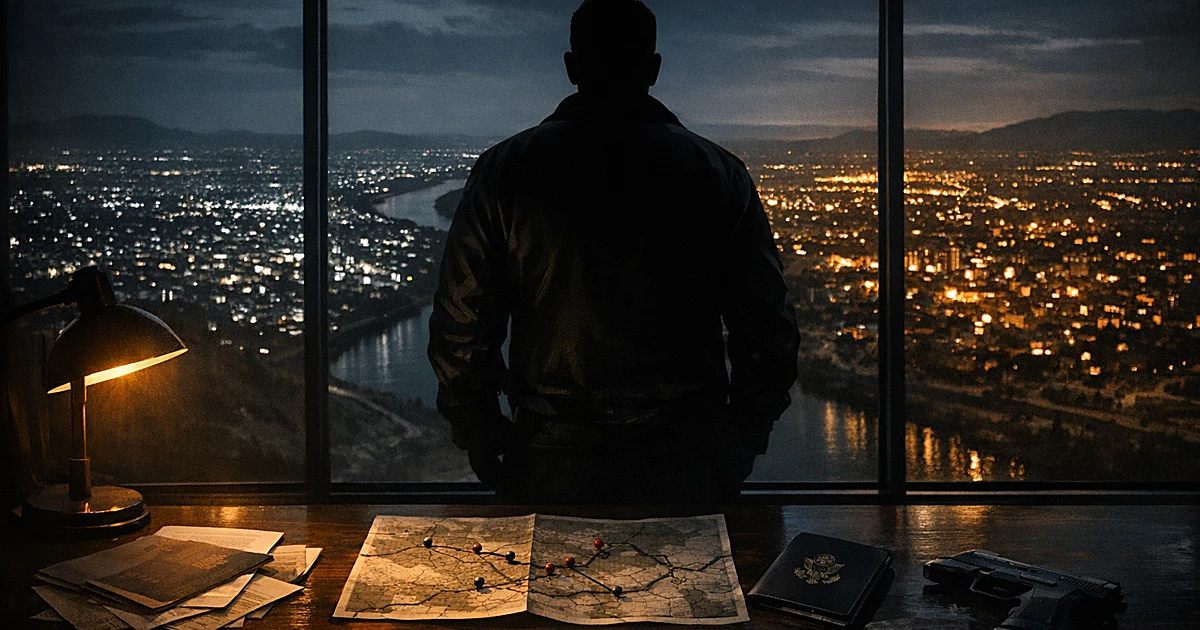 Silhouetted figure at desk overlooking border cities at night with passport and maps