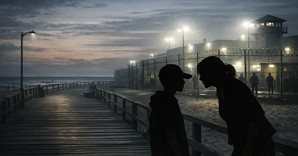 Silhouettes on boardwalk with immigration detention facility in background under harsh security lighting