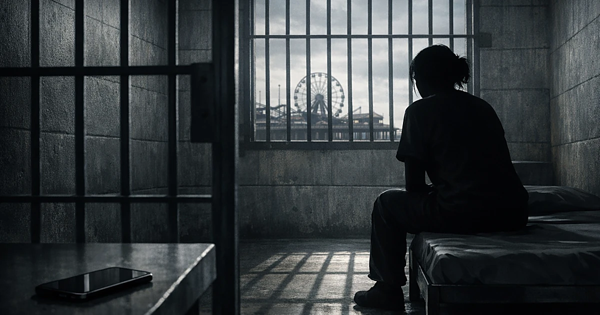 Silhouette in detention cell with boardwalk visible through barred window, smartphone on bench in foreground