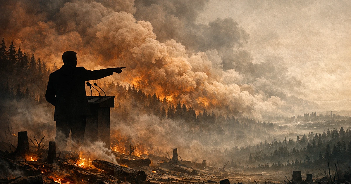 Silhouetted figure at podium gesturing toward billowing wildfire smoke drifting across a landscape boundary