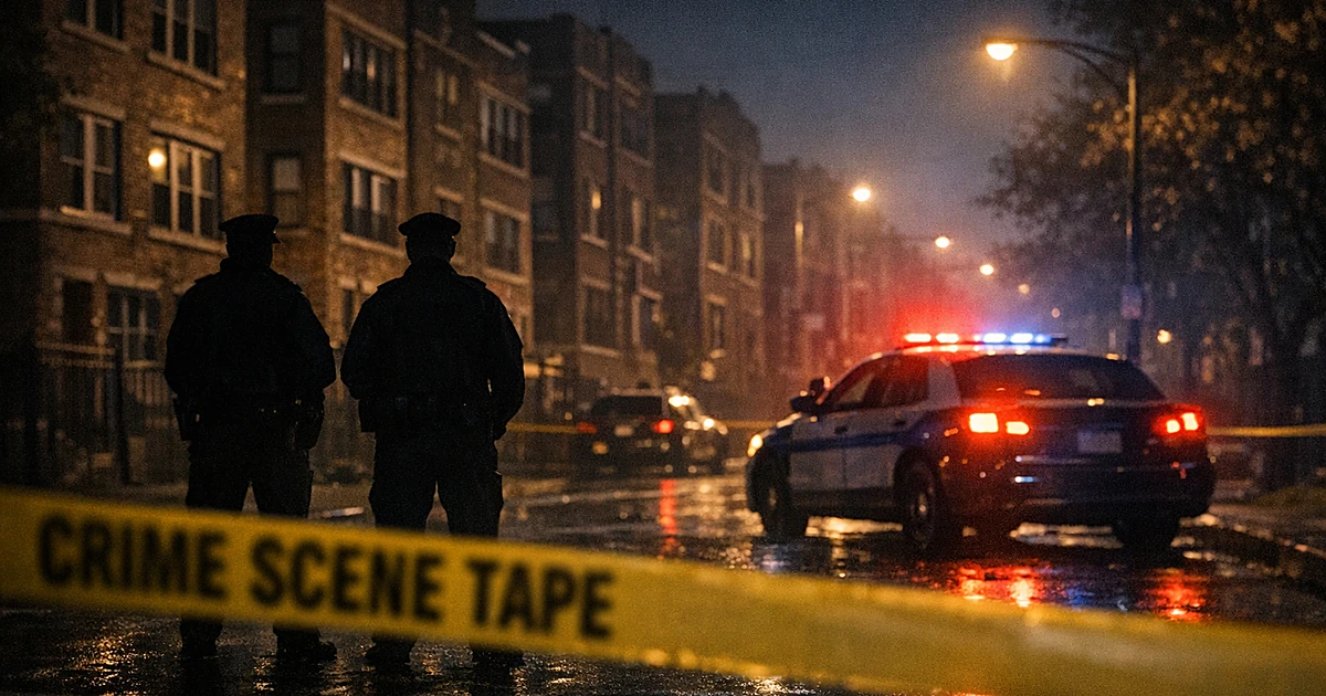 Crime scene tape across a dark Chicago street with police silhouettes and emergency lights illuminating buildings