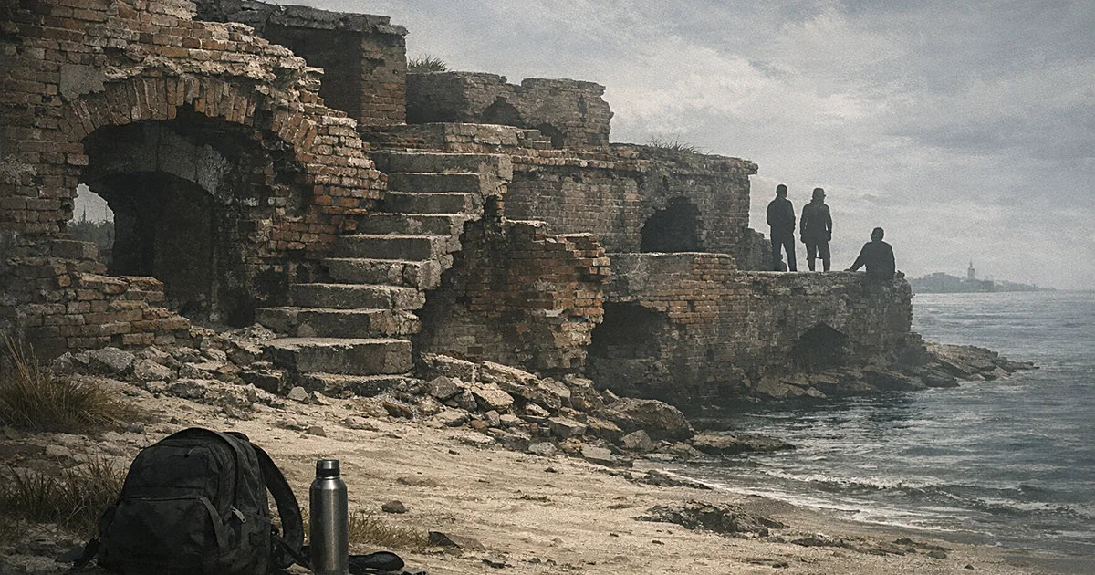 Deteriorating brick fort ruins on isolated island with personal belongings in foreground and water in background