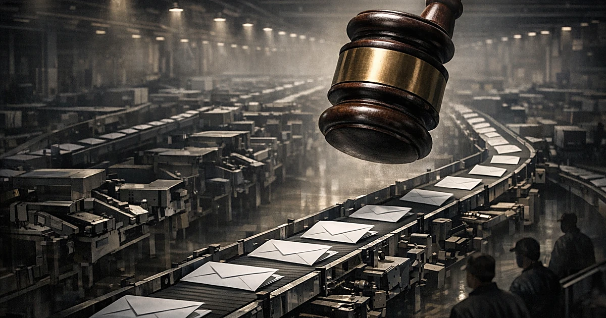Large gavel descending over frozen postal conveyor belt carrying mail envelopes in industrial sorting facility
