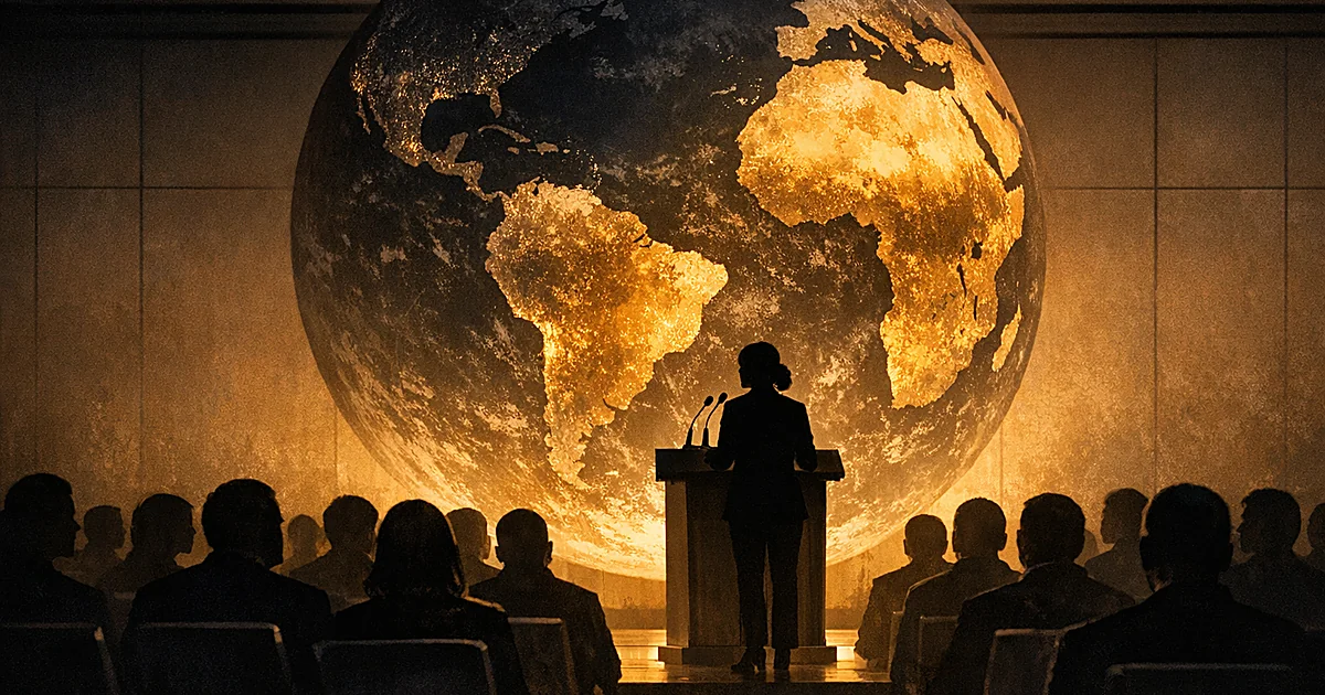 Silhouetted speaker at podium before seated audience with illuminated globe highlighting southern continents overhead
