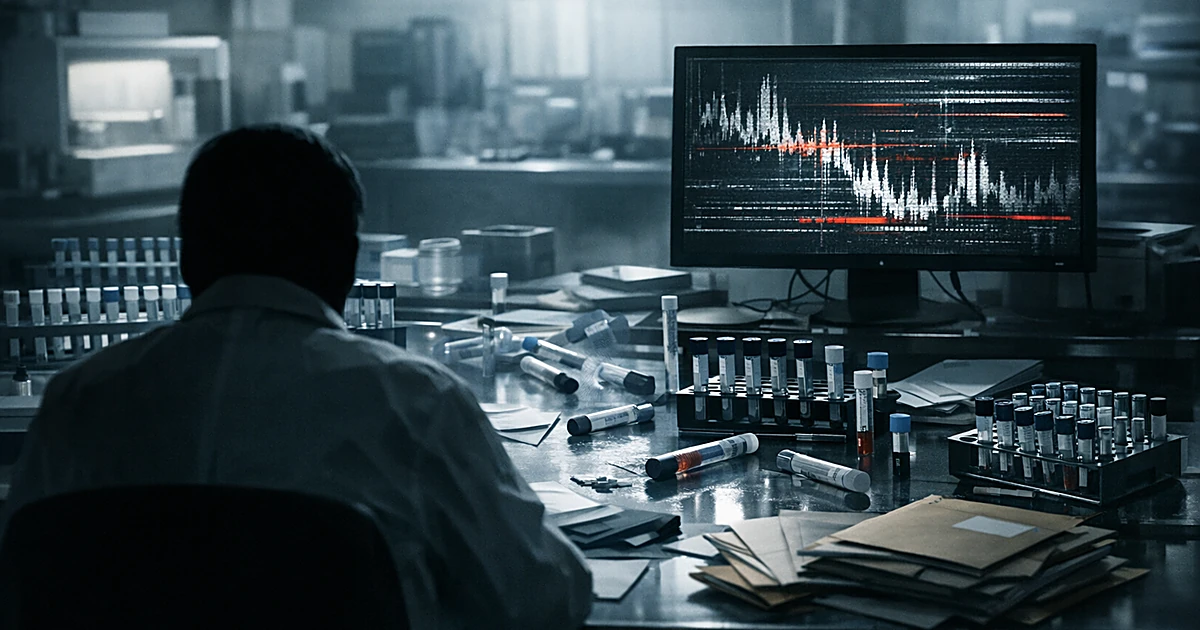Laboratory with scattered DNA samples, corrupted computer data, and silhouetted figure at workstation amid evidence files