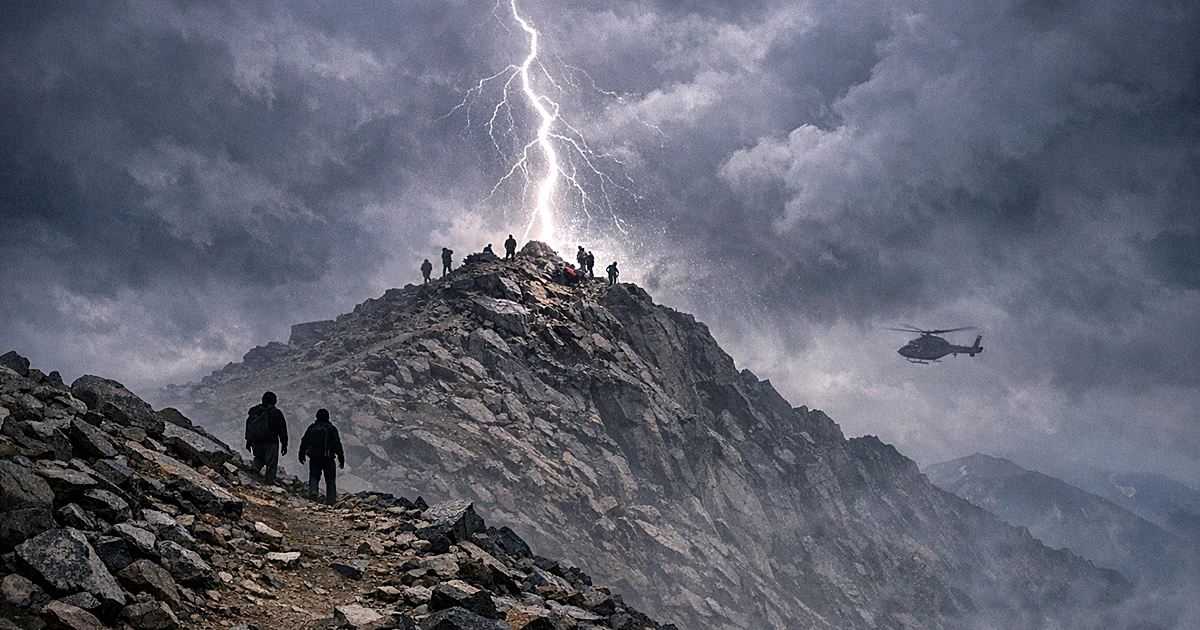Lightning bolt striking a mountain peak with dark storm clouds and distant hiker silhouettes on rocky terrain