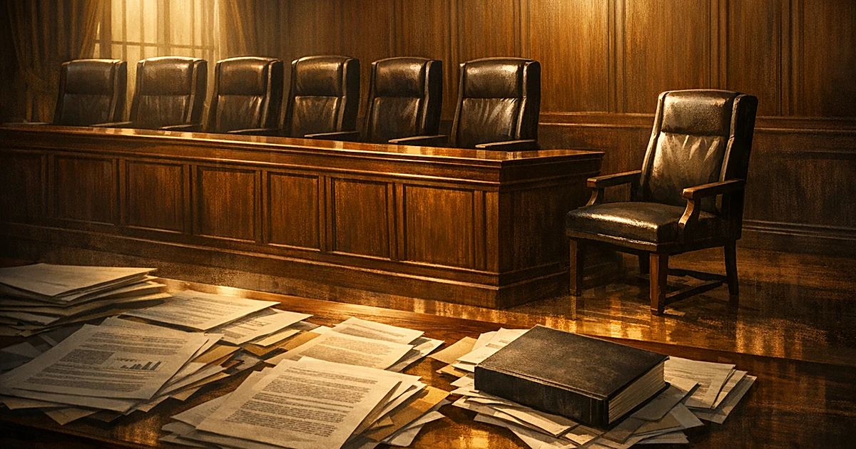 Empty Supreme Court bench with one chair pulled back, legal documents and scientific manual in foreground