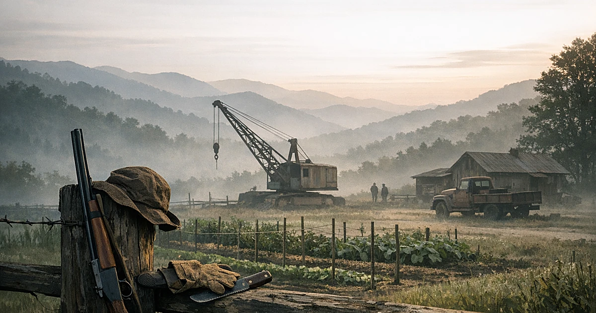 Crane and farm equipment in misty Tennessee mountain valley at dawn with hunting tools on fence post