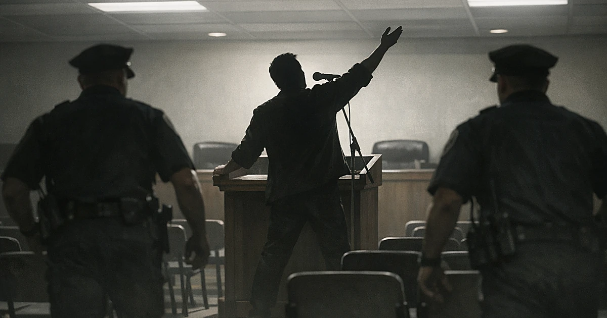 Silhouetted person at podium with officers approaching in municipal meeting room