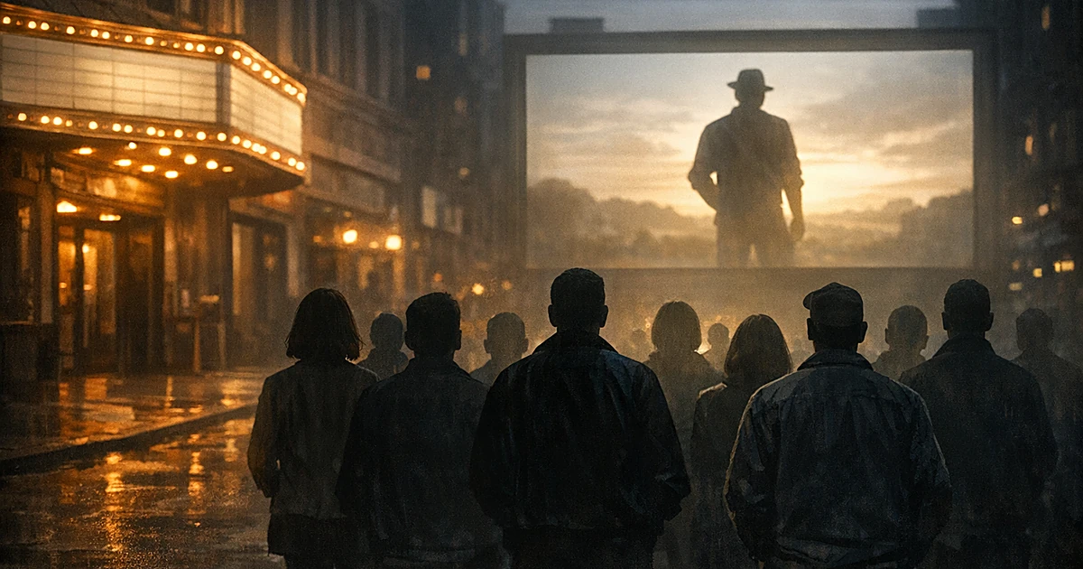 Silhouettes of people facing a glowing movie theater screen at dusk, backs to viewer, in an empty urban setting