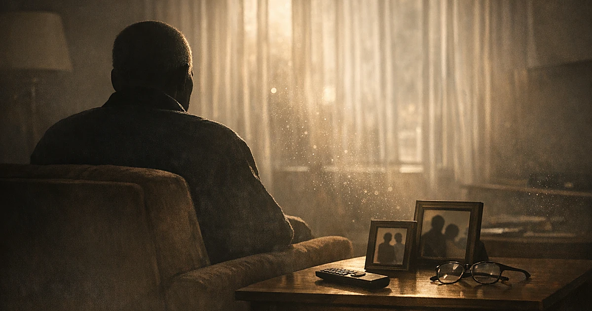 Silhouetted figure seated alone in dimly lit room with afternoon light streaming through window and personal items nearby