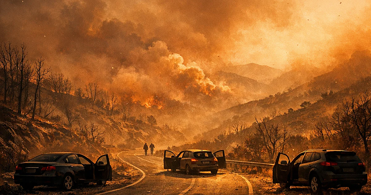 Abandoned cars on mountain road surrounded by burned landscape and orange wildfire smoke in southern Spain