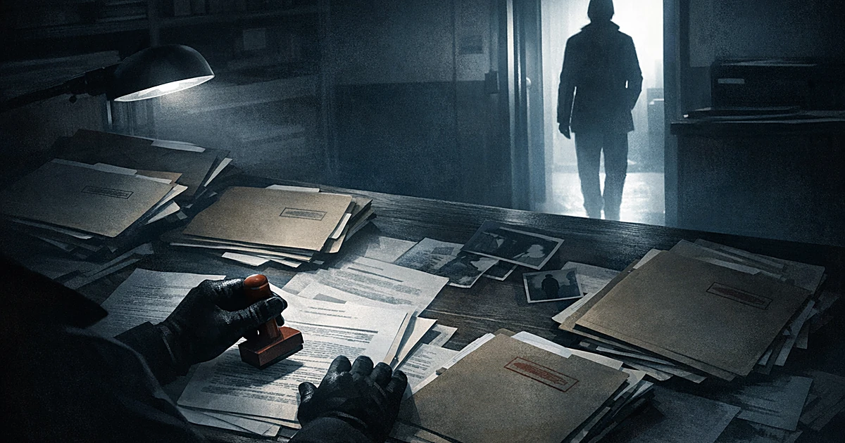 Silhouetted hands stamping documents at desk while another figure watches from doorway in shadowy government office