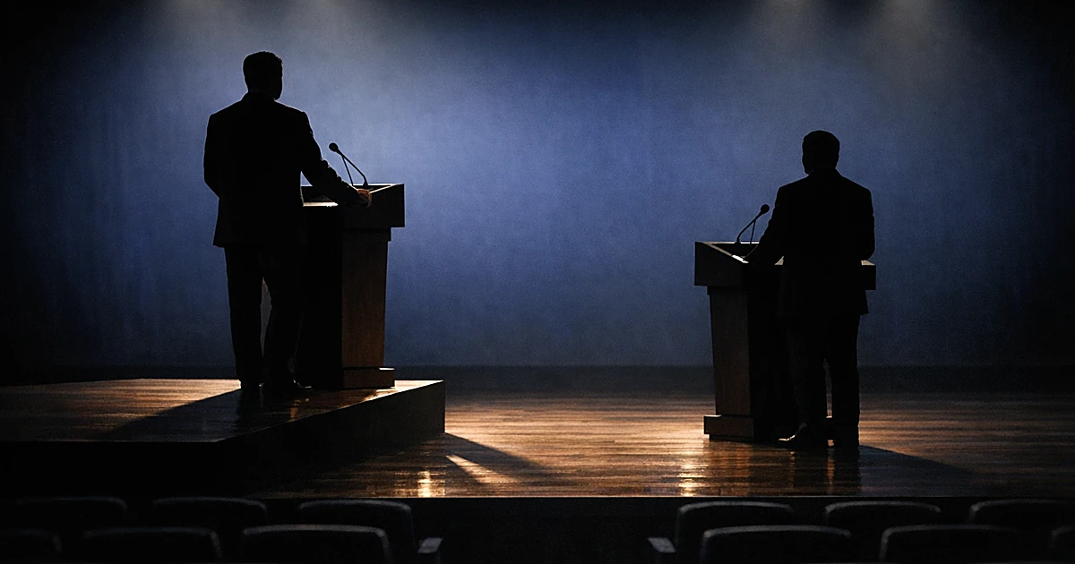 Two silhouetted figures at podiums on debate stage, left figure positioned ahead with longer shadow