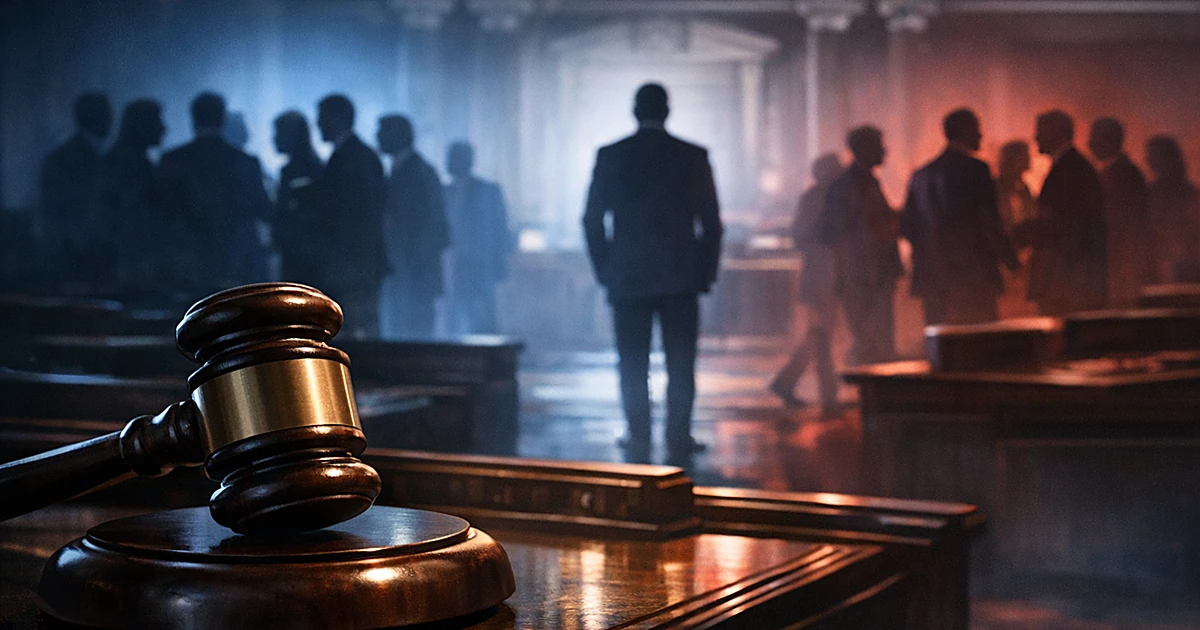 A gavel on a legislative desk with silhouetted figures fragmenting in a dimly lit chamber with dramatic lighting