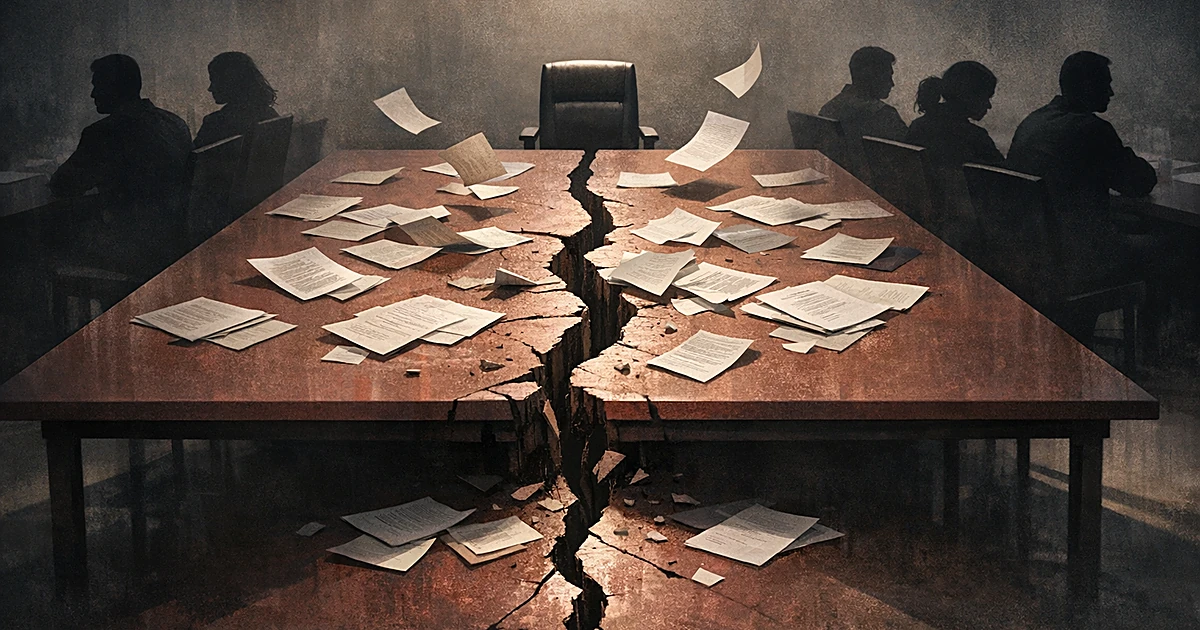 A cracked table splits between silhouetted figures seated on opposite sides in a dark meeting room