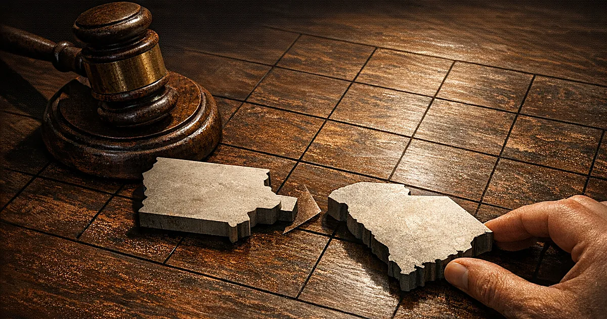 Gavel beside state-shaped puzzle pieces being rearranged on a calendar grid, one pushed aside, another moved forward