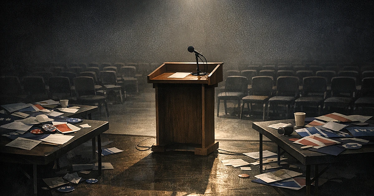 Empty podium on dark stage with vacant chairs and scattered papers suggesting abandoned political campaign