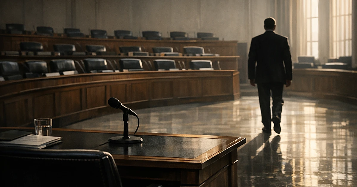 Silhouetted figure walking away from empty congressional hearing room with witness table in foreground