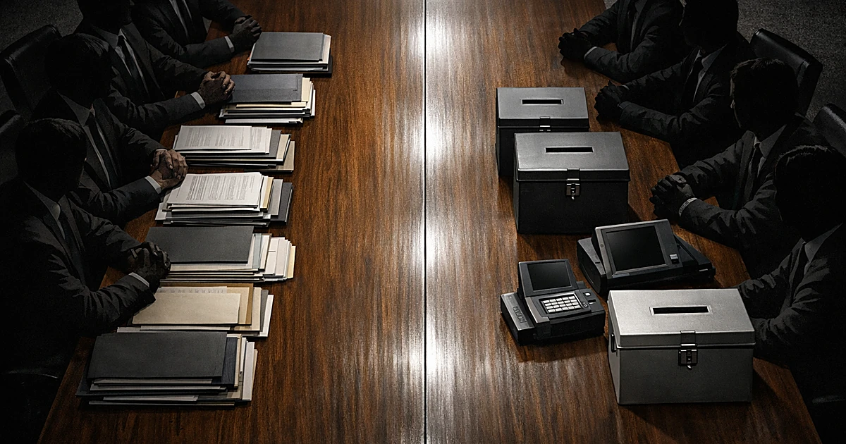 Silhouetted figures at conference table with documents on one side, voting equipment on other, overhead view