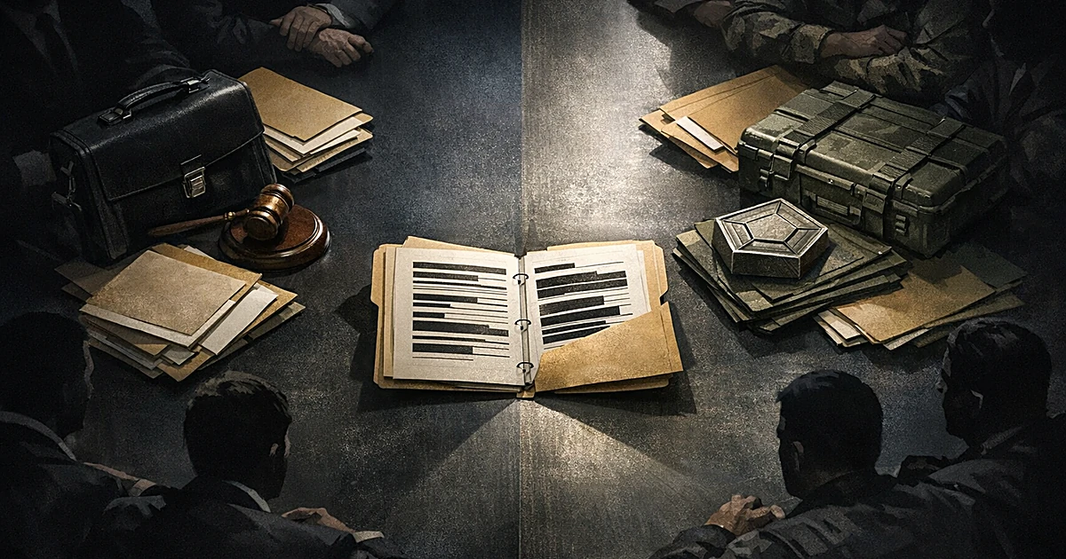 Overhead view of conference table with DOJ and Pentagon documents converging on classified file folder in center