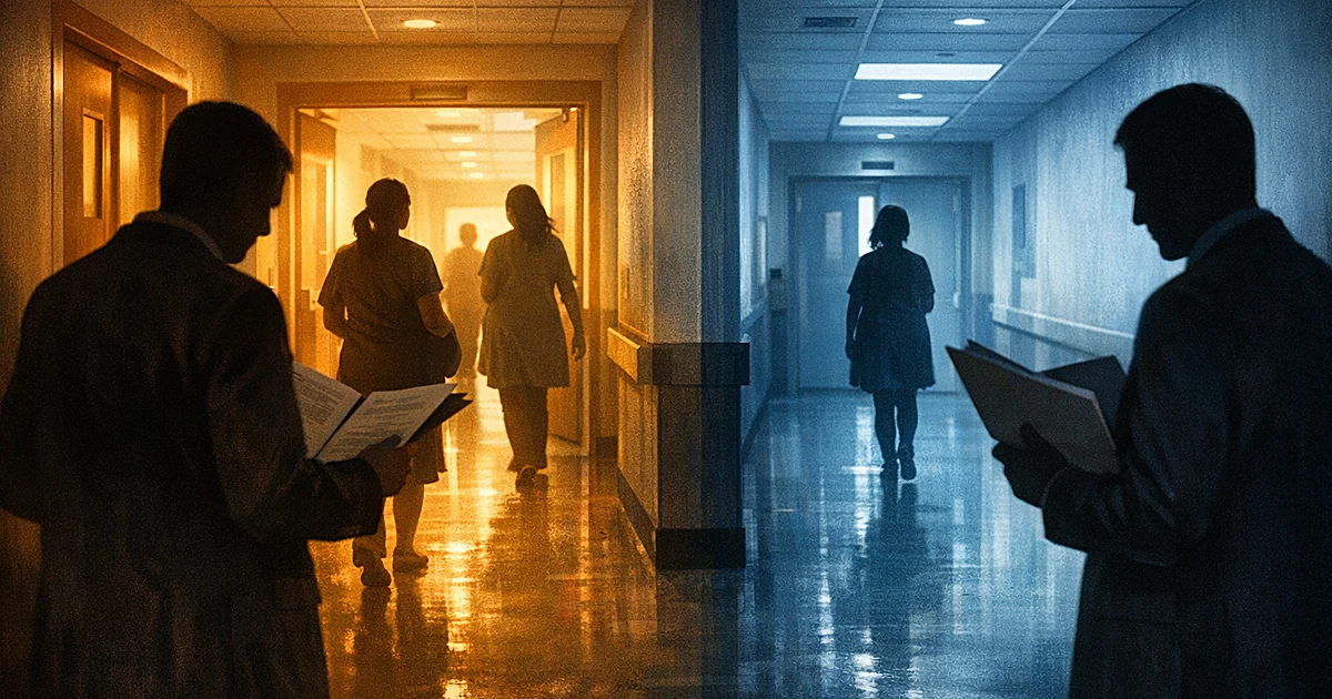 Silhouetted pregnant women in hospital corridor with government officials examining documents in foreground