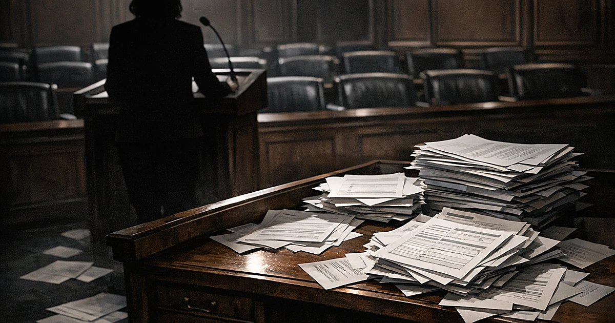 Silhouetted official at podium with scattered voter registration documents in government chamber