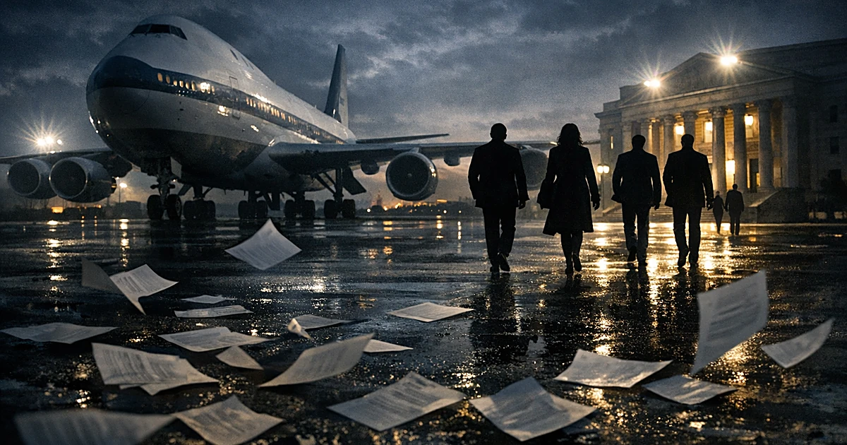 Silhouetted figures walking toward courthouse with presidential aircraft and scattered documents on tarmac