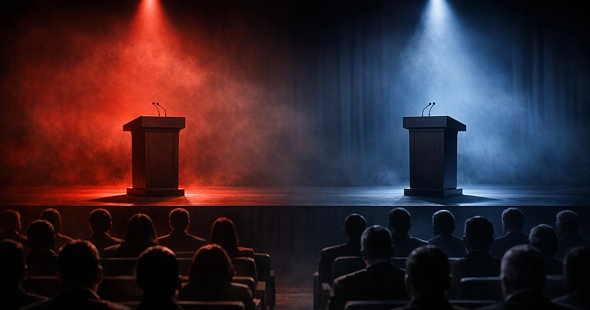 Two empty podiums on a dark stage with silhouetted audience members, lit by contrasting red and blue spotlights