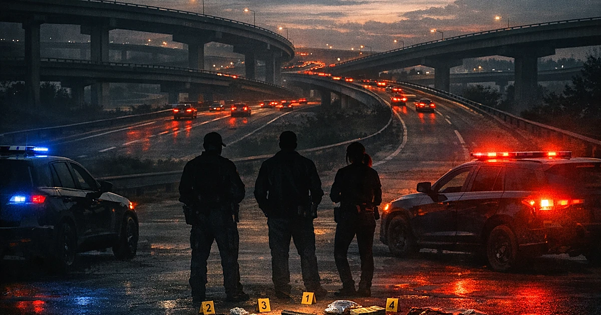 Silhouetted law enforcement figures at highway interchange with emergency lights and evidence markers on ground
