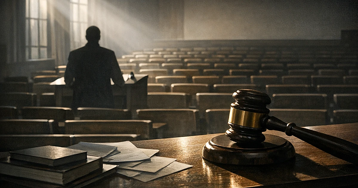 Empty university lecture hall with silhouetted professor at podium, large gavel casting shadow over academic materials