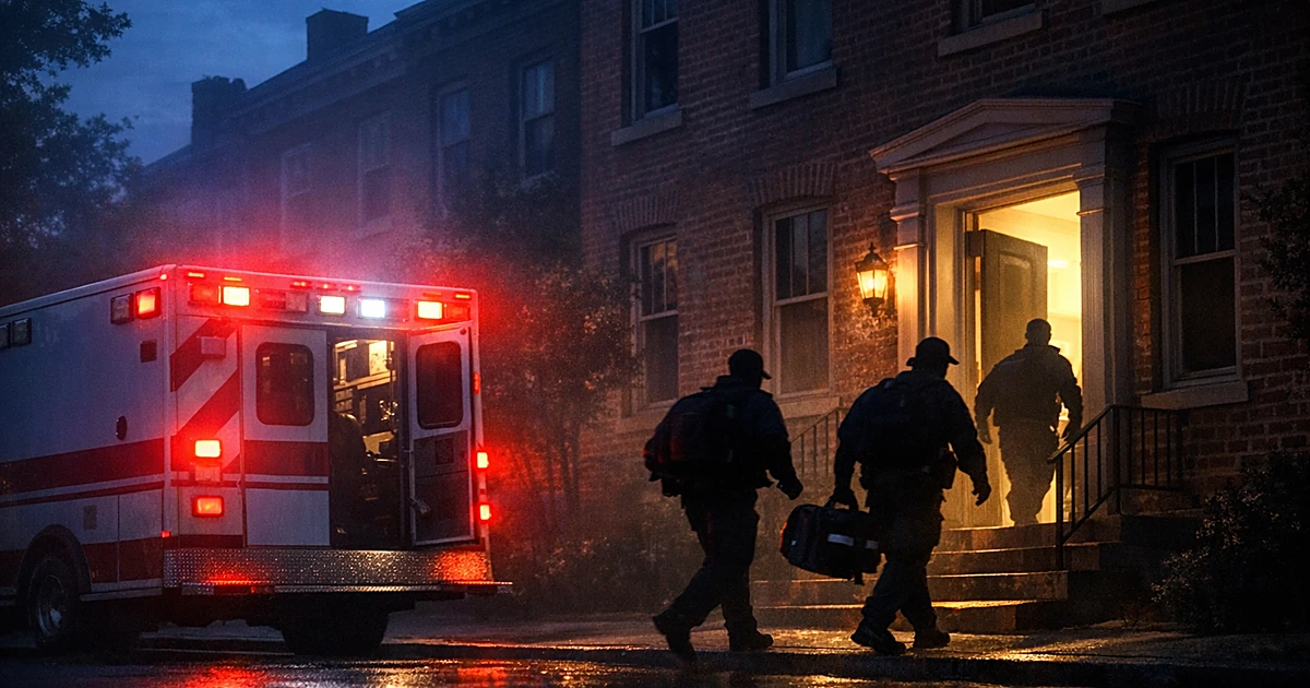 Emergency ambulance with flashing lights parked outside townhouse at dawn with silhouetted first responders approaching