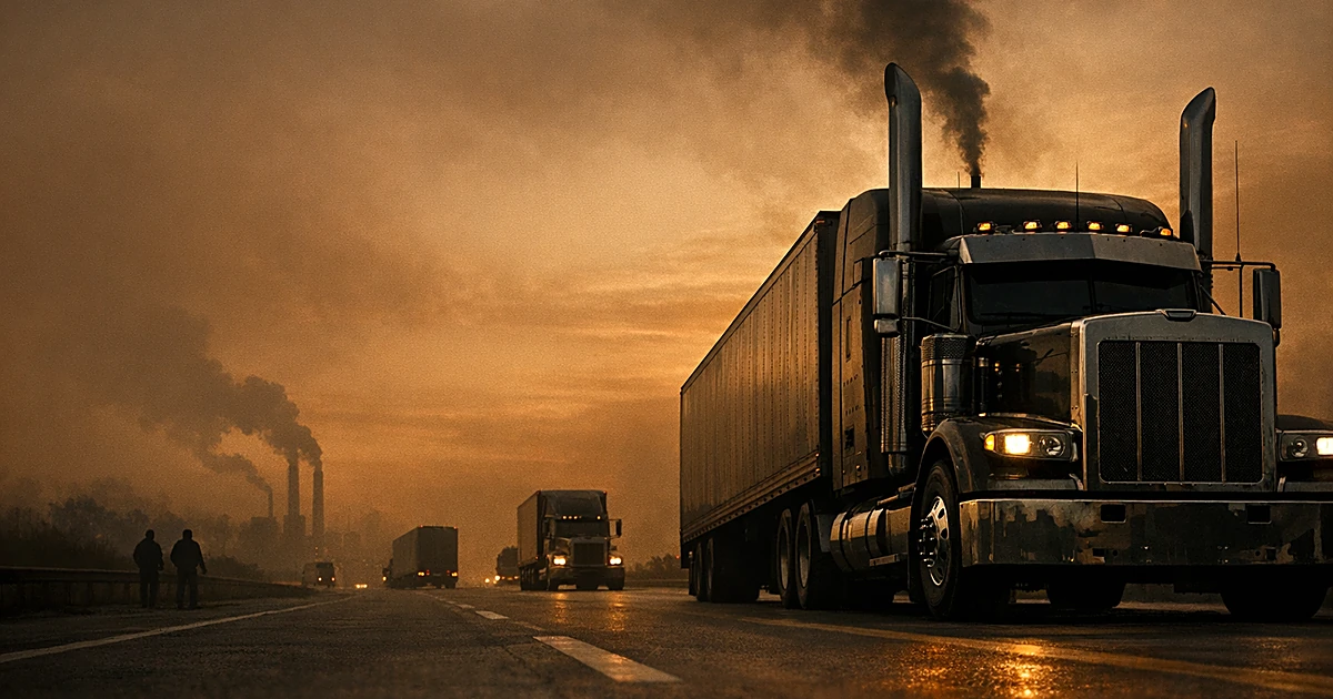 Heavy-duty diesel truck on highway at dusk with exhaust stack prominent against hazy orange sky