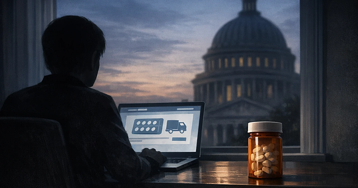 Silhouette of person at computer with pill bottle, courthouse dome visible through window in background