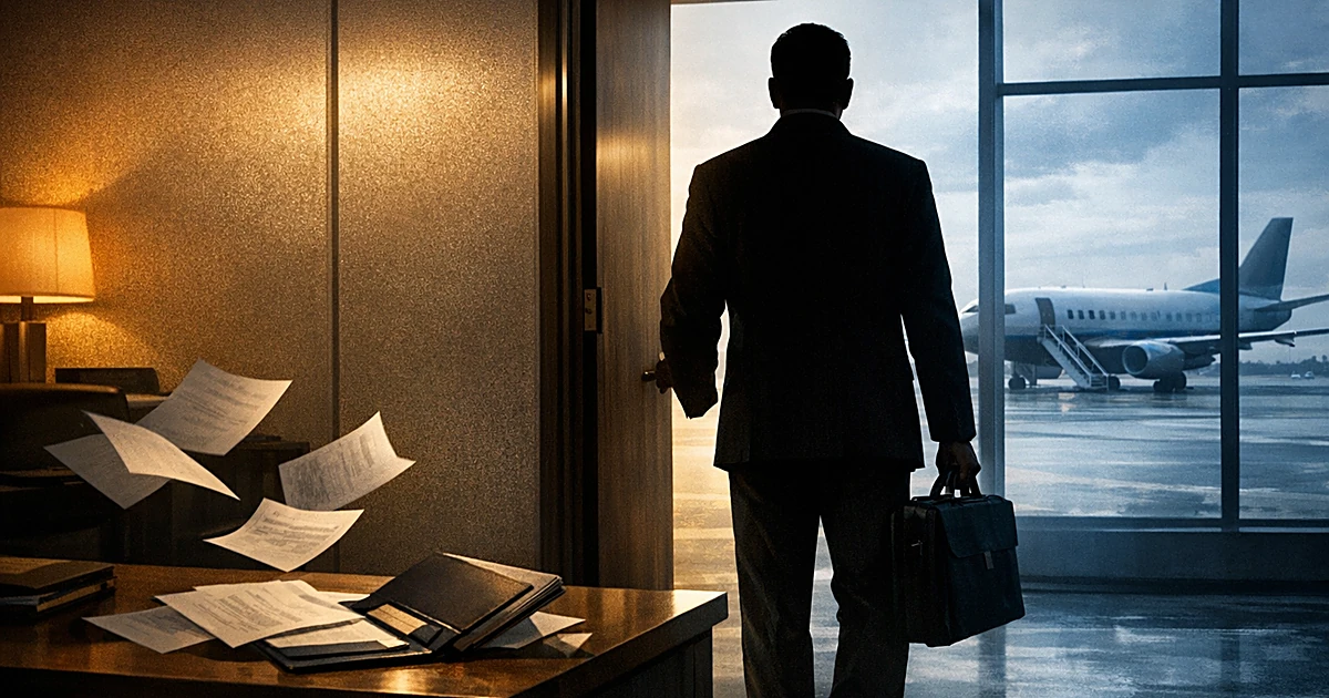 Silhouetted figure with briefcase stands in doorway between office interior and airport tarmac view