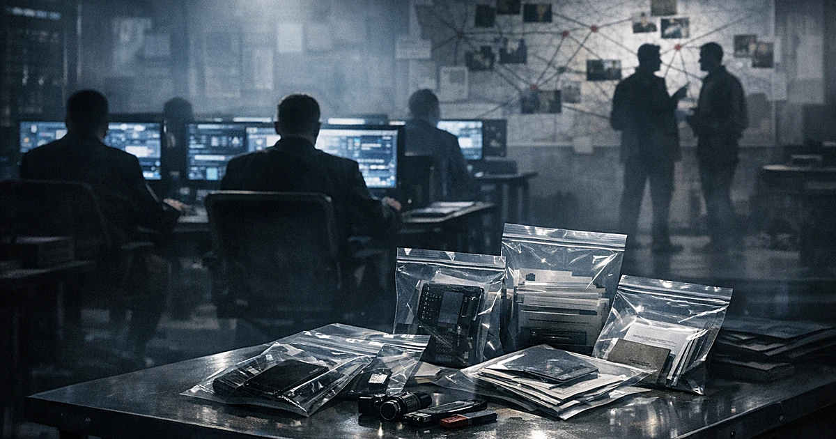 Silhouetted FBI agents at computer workstations in operations room with evidence on table in foreground