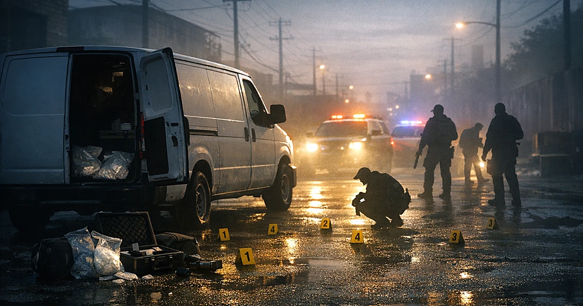 Work van on urban street surrounded by evidence markers and silhouettes of investigators in morning light