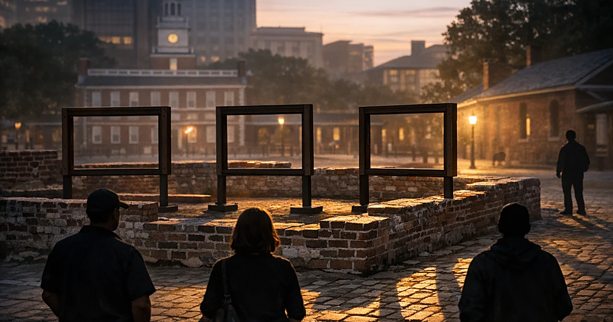 Empty exhibit panel frames at historic site with silhouetted visitors viewing vacant displays at sunset