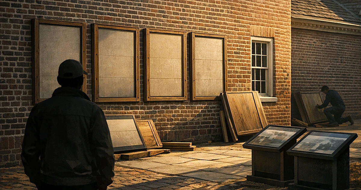 Empty panel frames on colonial brick wall with silhouetted figure observing, panels waiting to be installed nearby