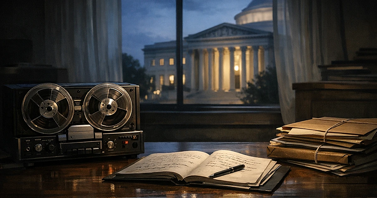 Audio cassette recorder on desk with manuscript pages and courthouse silhouette visible through window behind