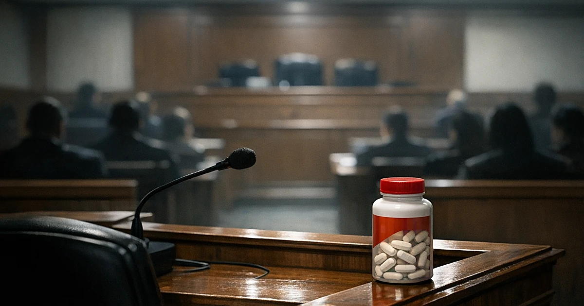 Empty courtroom witness stand with acetaminophen bottle, silhouettes of people seated in background gallery