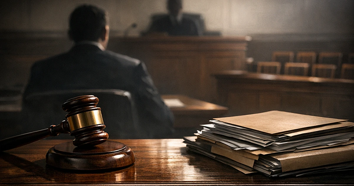 Judge's gavel on courtroom bench with legal documents and silhouetted figure at defendant's table in background