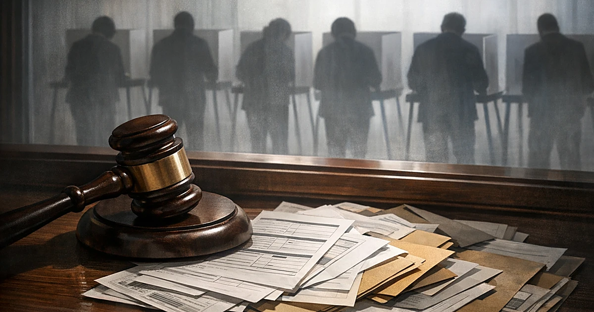 Gavel on bench with documents blocking access to silhouetted election workers at distant voting booths