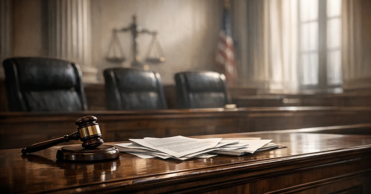 Empty judge's bench in courtroom with gavel and documents, illuminated by window light casting shadows