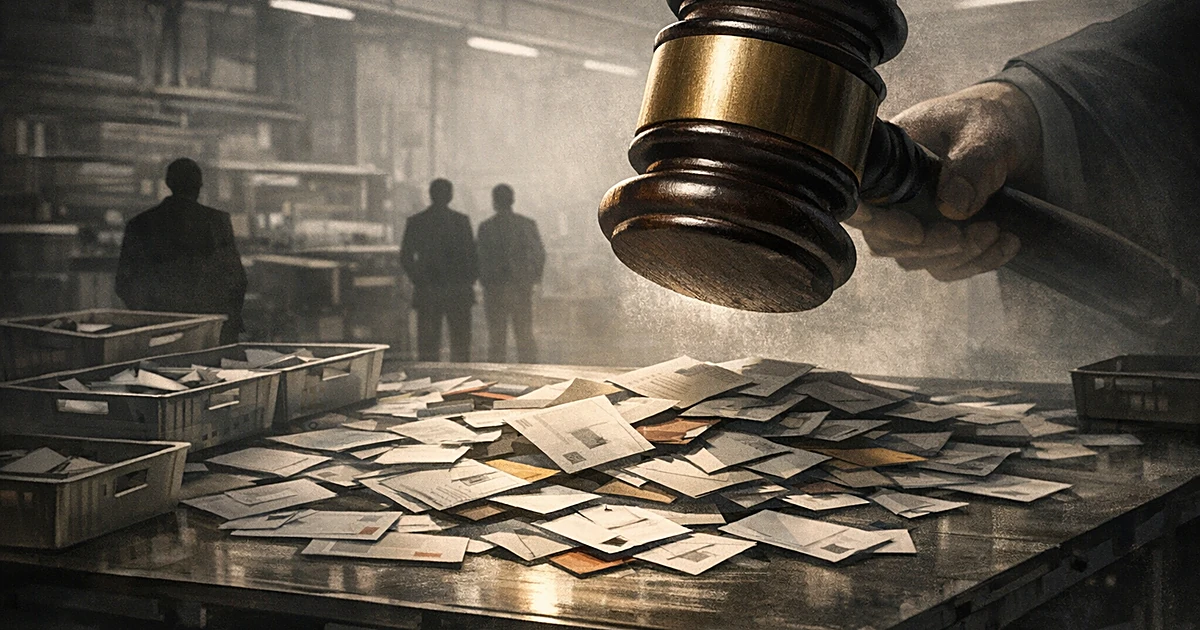 Gavel descending over postal sorting table with mail-in ballots as silhouetted figures watch from behind