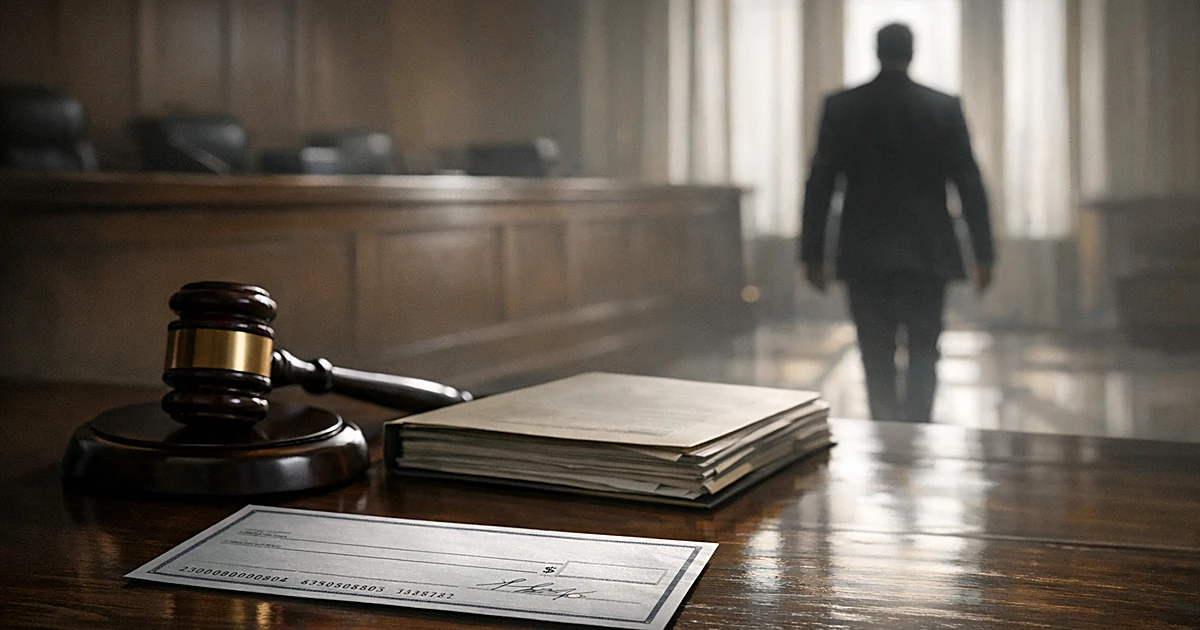 Judge's gavel beside legal documents and a check on courtroom bench with silhouetted figure walking away