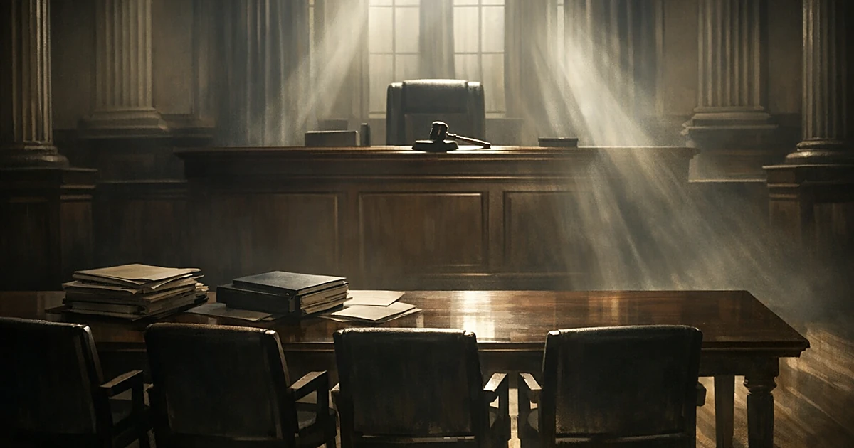 Empty courthouse with judge's bench, gavel, and four vacant defendant chairs with closed case files on table
