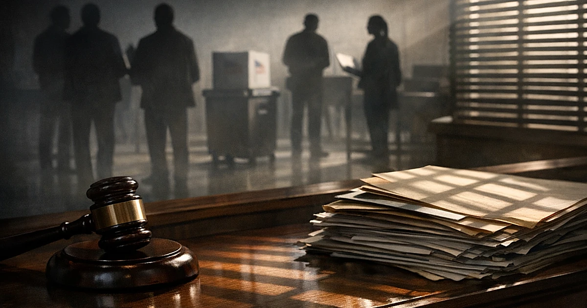 Judge's gavel on bench with silhouetted figures near voting equipment in background, dramatic lighting through blinds