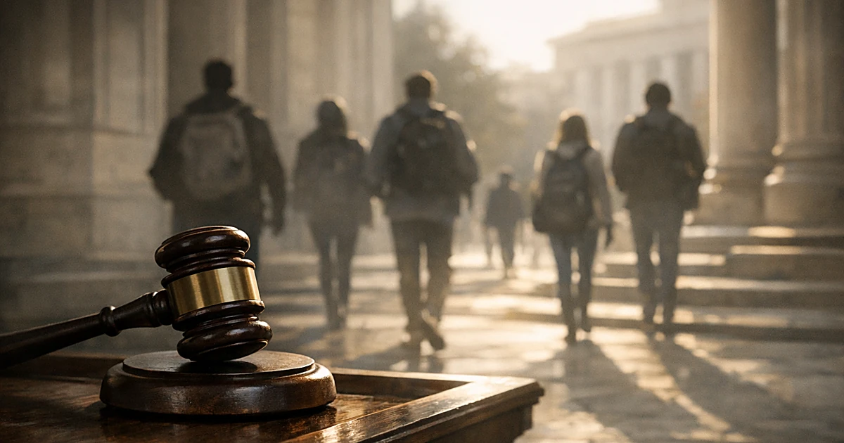Gavel on judge's bench with silhouettes of students walking through university campus in background